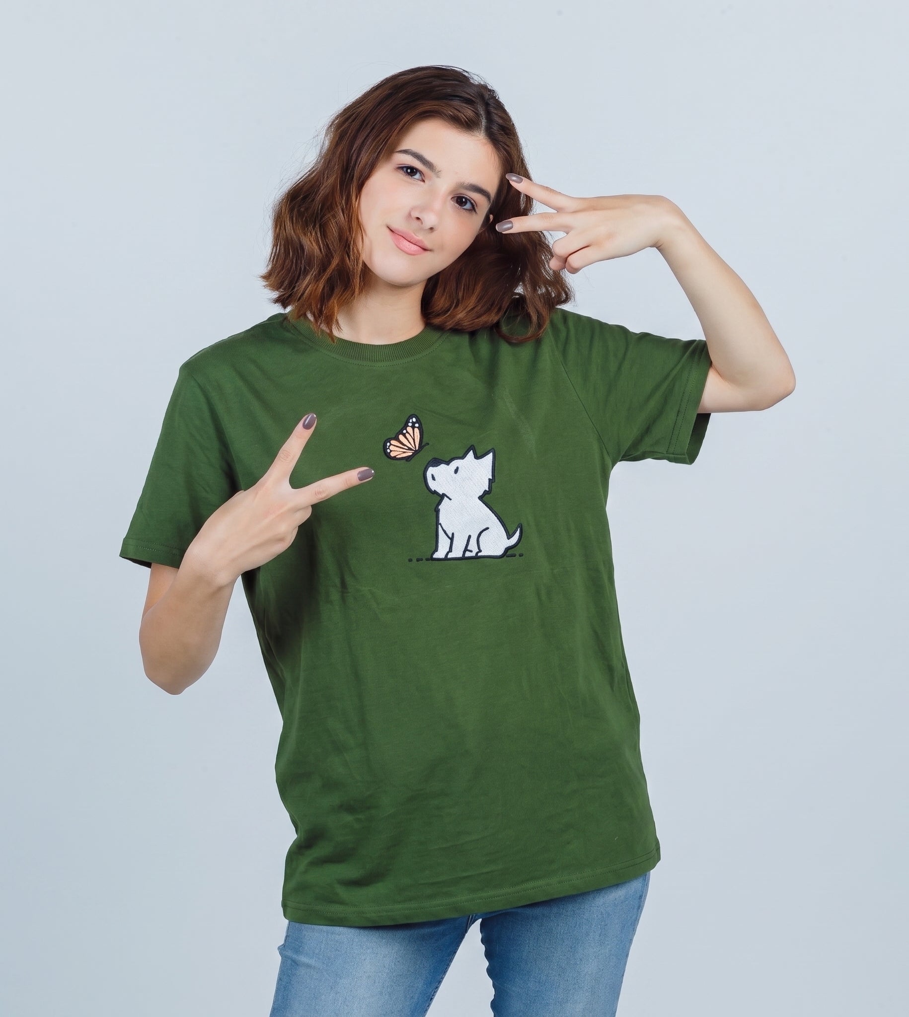 Cotton embroidered T-Shirt - Dog and butterfly