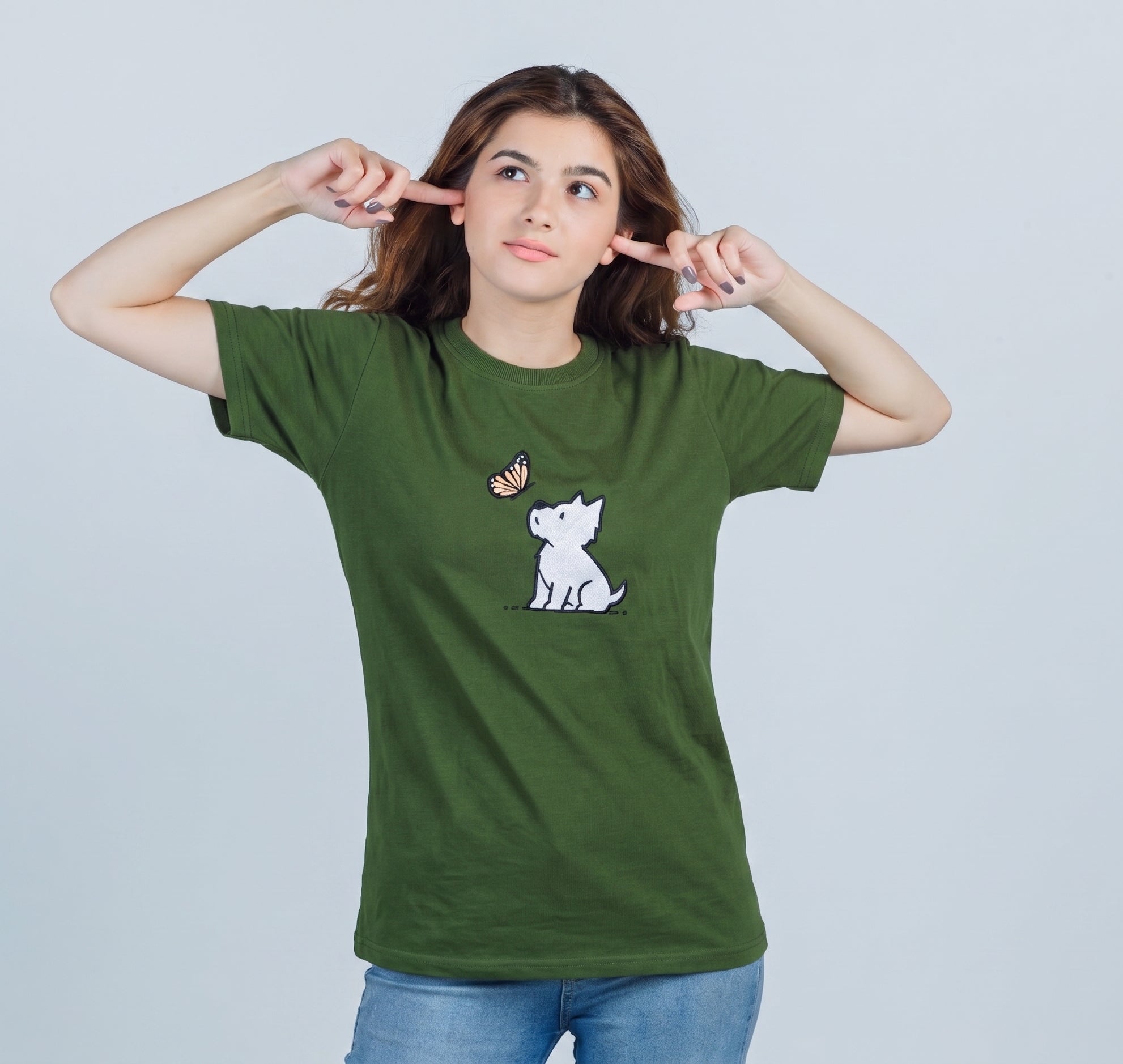 Cotton embroidered T-Shirt - Dog and butterfly
