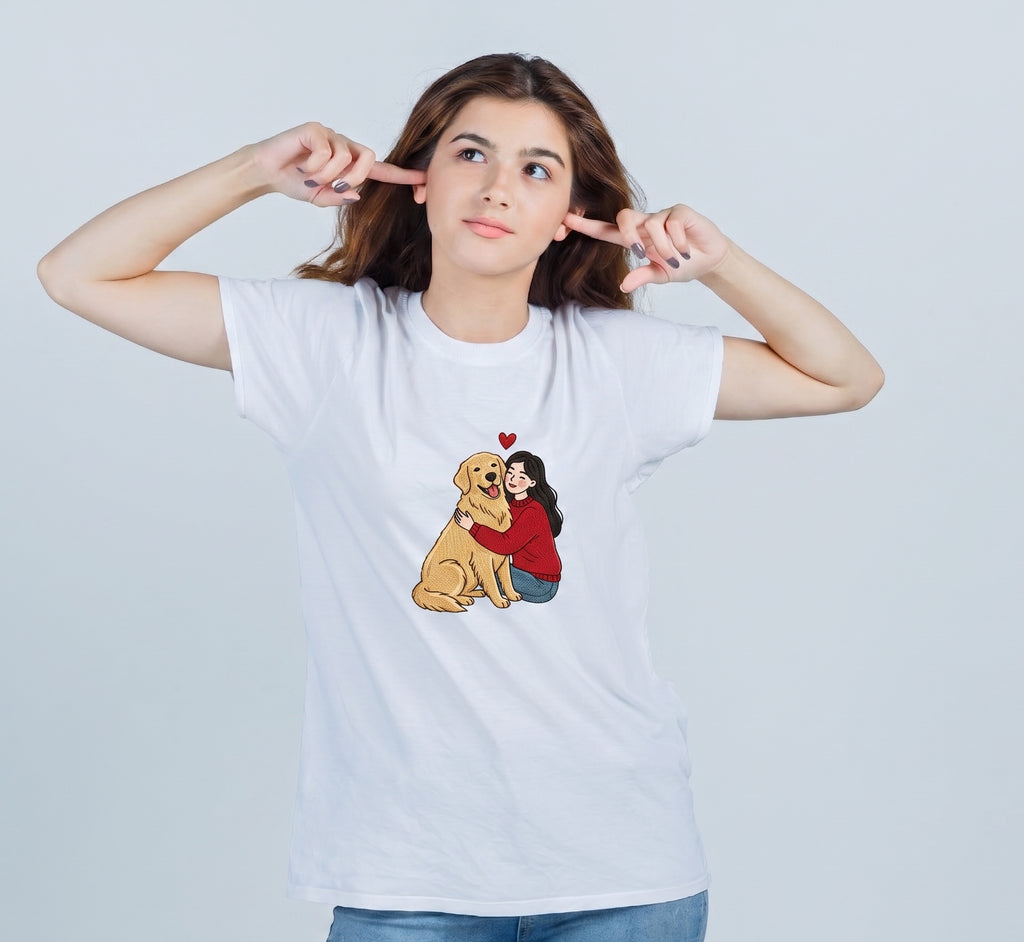 Cotton embroidered T-Shirt - Girl and dog